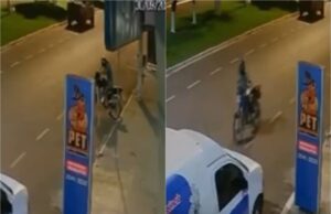 Bandido não consegue ligar moto e sai arrastando por rua de MT