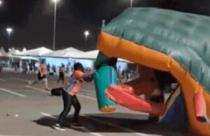 Vendaval arrasta brinquedos infláveis e assusta corredores em Cuiabá; veja o vídeo